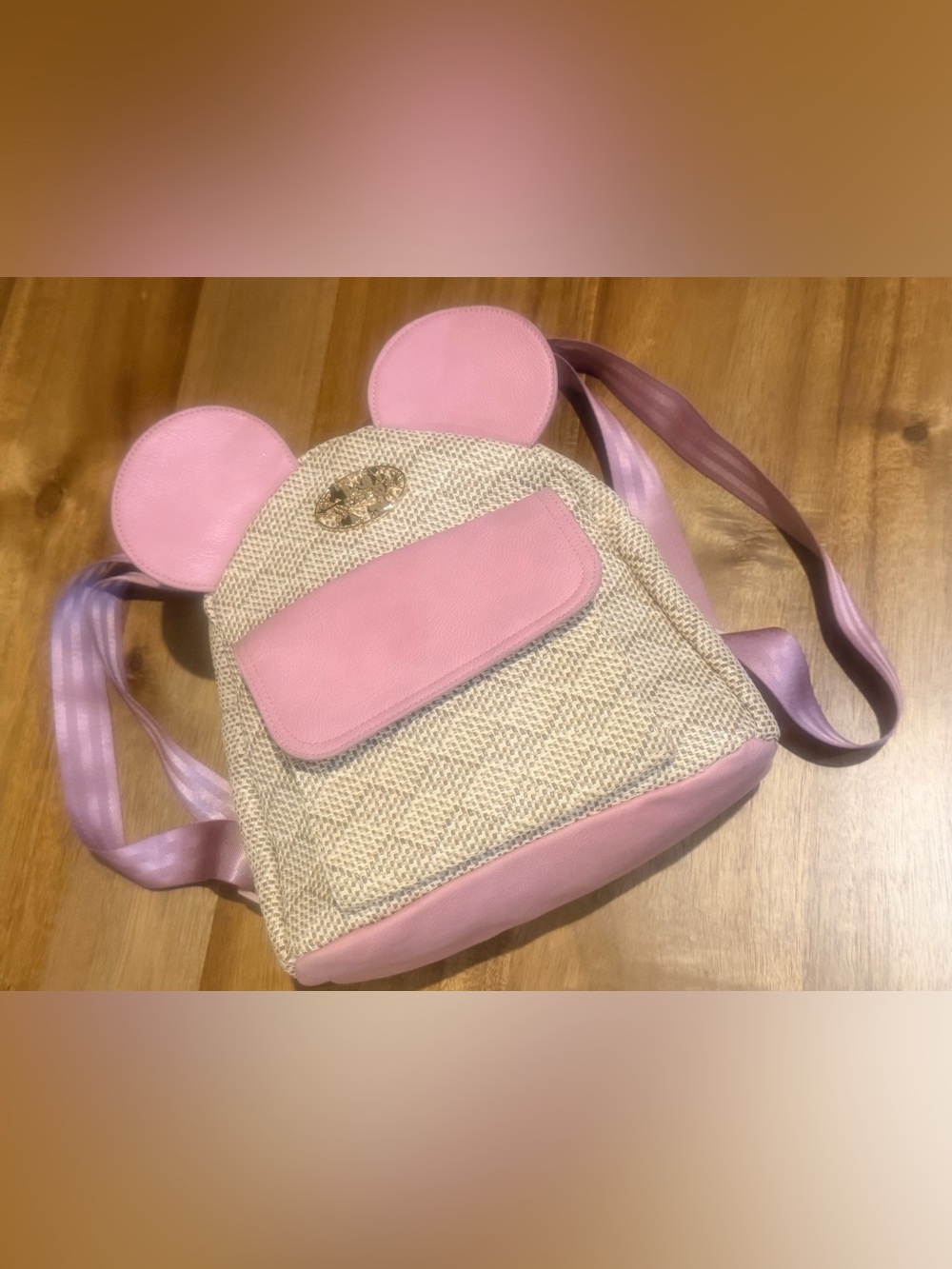 Bioworld Disney Mickey Minnie Mouse Straw Mini Backpack Pink Tan Woven Ears